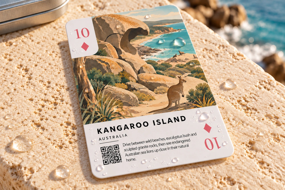 Water beading on the smooth surface of the Kangaroo Island playing card