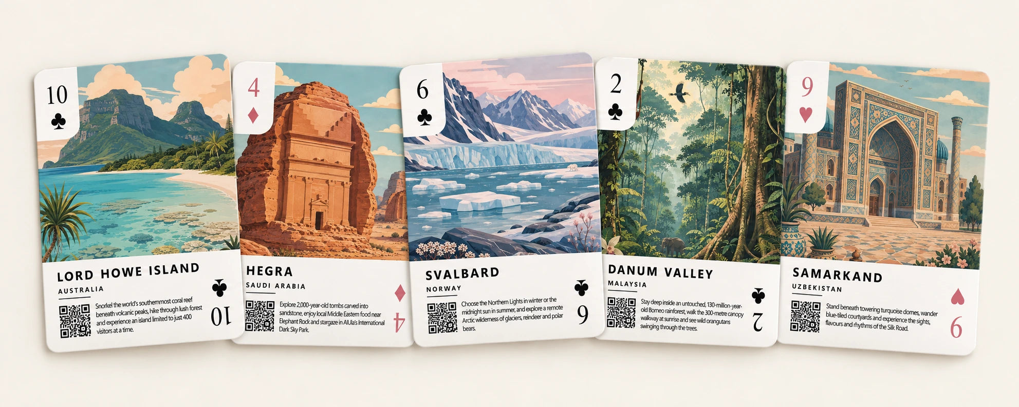 Five rounded destination playing cards spread across an ivory surface: Lord Howe Island, Hegra, Svalbard, Danum Valley and Samarkand