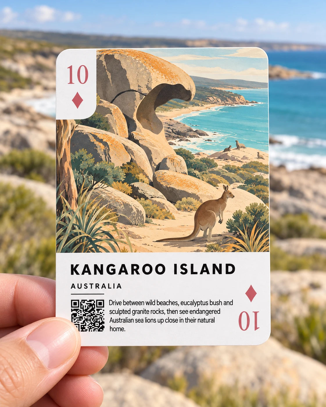 Concept photograph of the Kangaroo Island card held against a coastal background